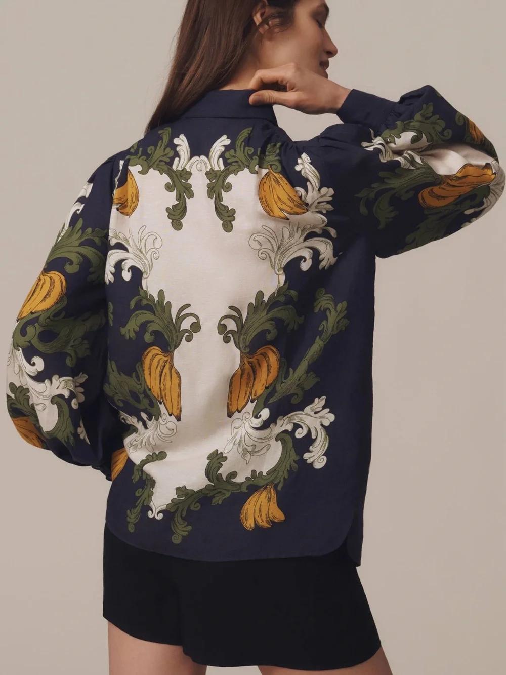 Farm Rio x Anthropologie Puff-Sleeve Printed Buttondown Banana Blouse Top Shirt - Picture 2 of 7